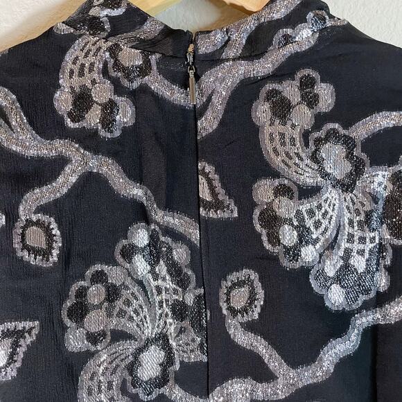 NWT Rebecca Taylor Women's Flutter Sleeve Silk Blend Metallic Top Black Size 0 - Picture 7 of 11